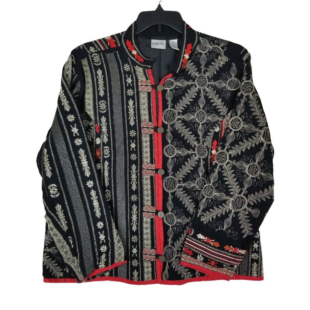Chico's Jacket Women Size 3 Black Gold Red Embroidered Metallic Art to Wear
